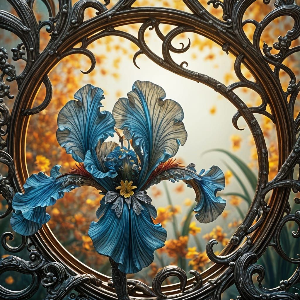 Surreal Glass Iris Blooms in Vibrant Fantasy Art