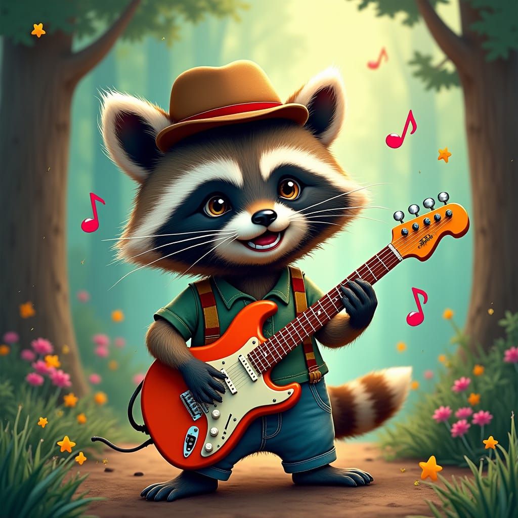 Raccoon Rockstar in Dreamlike Forest
