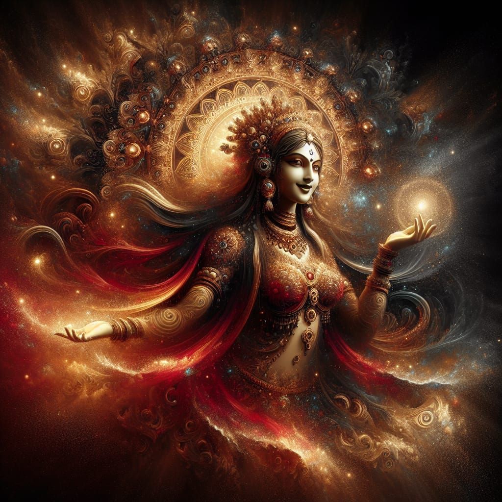 Radiant Kamadeva Portrait in Red, Gold, and Black