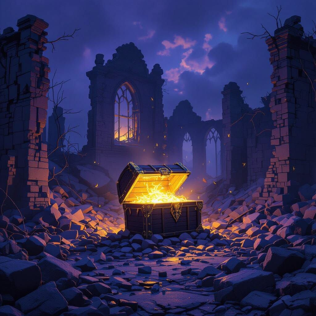 Dark Fantasy Ruins with Glowing Treasure Chest