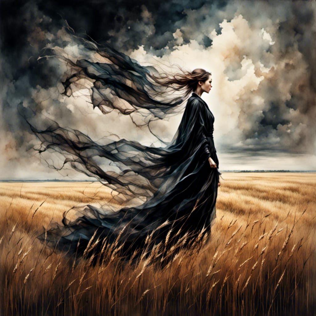 Woman in Black Robe Floating Over Wheat Field