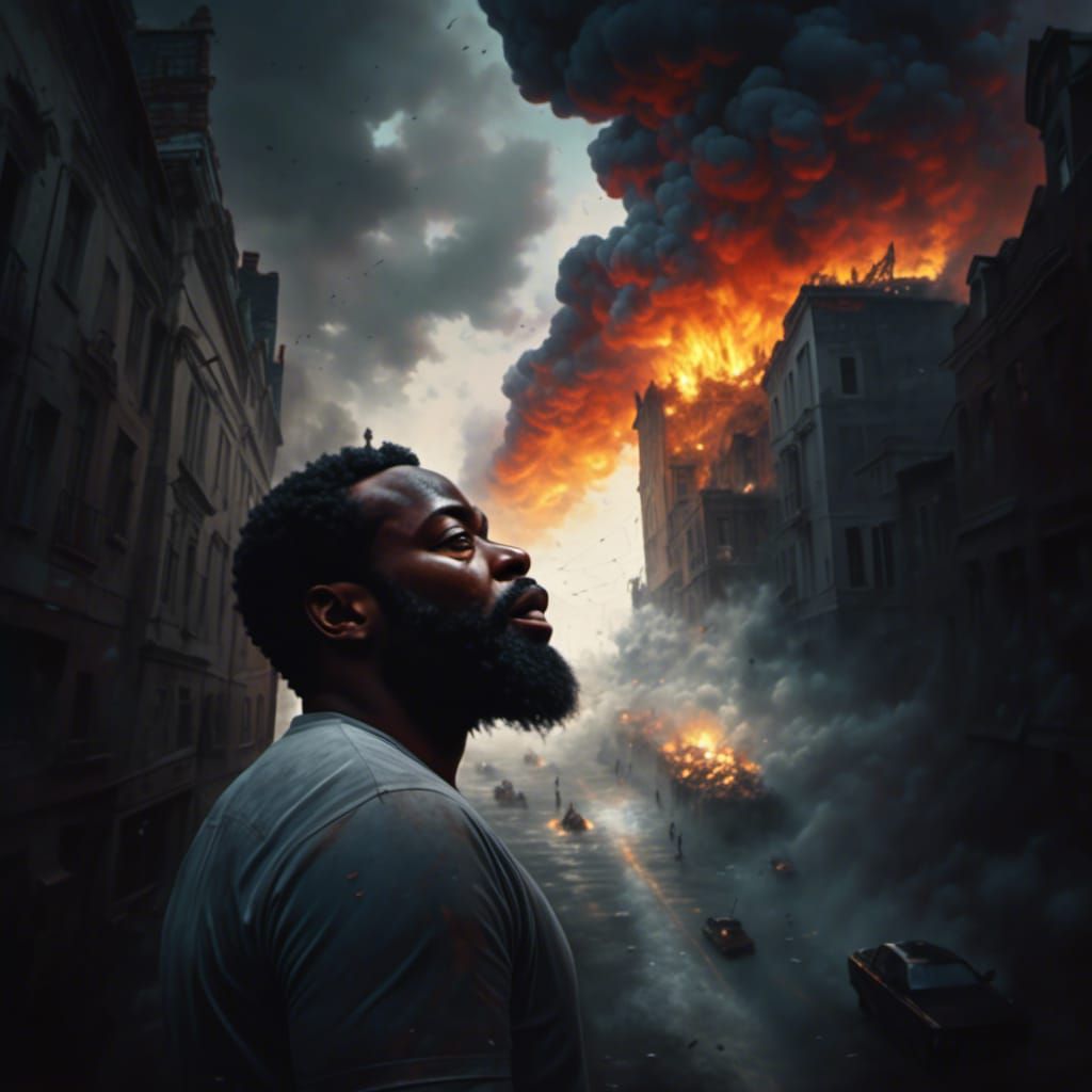 Nuclear Attack: Hyperrealistic Black Man Descends