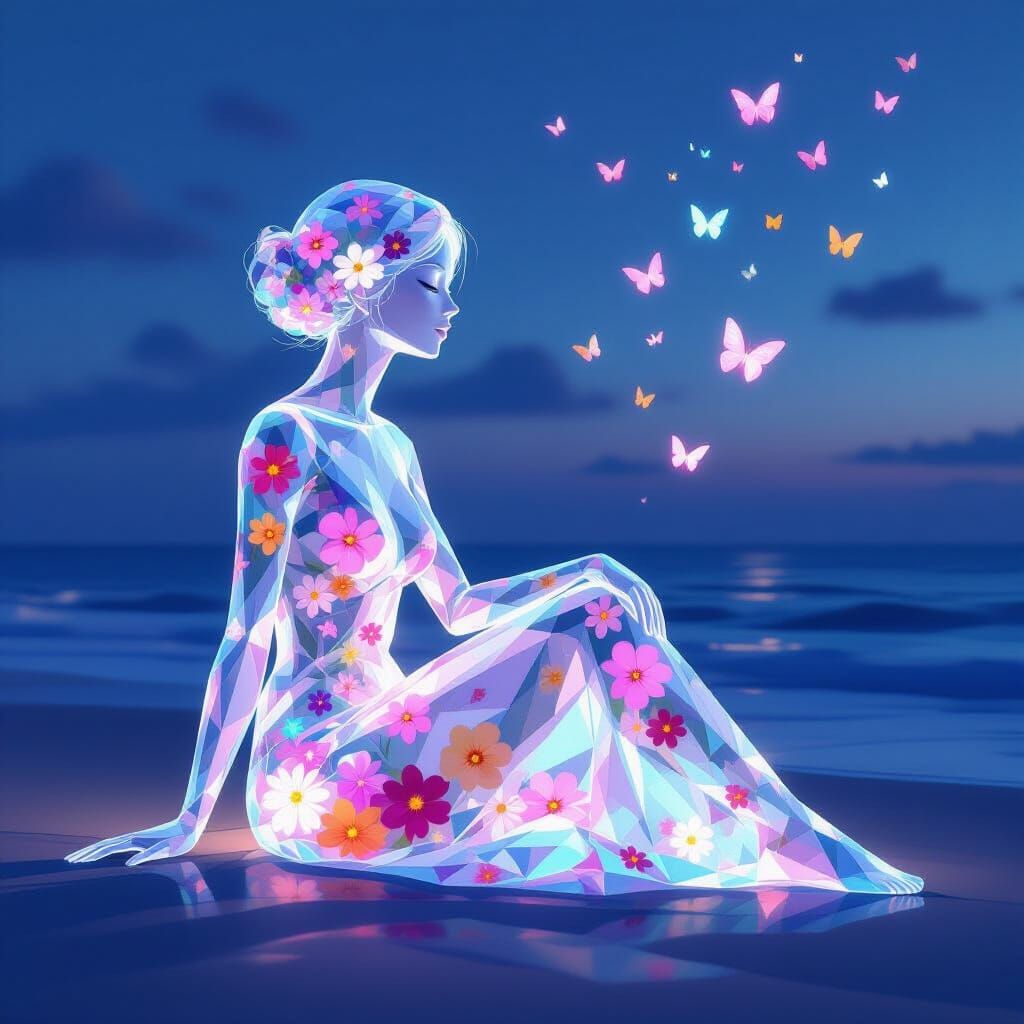 Glass Woman Filled With Flowers on Seashore