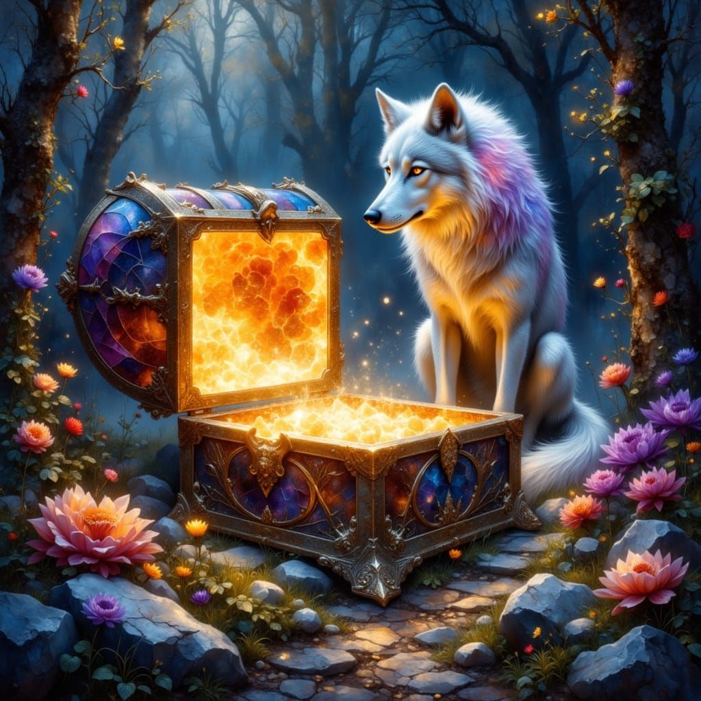 Mystical Geode Treasure Chest Guarded by Iridescent Wolf