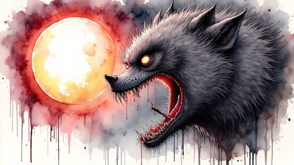 Horrific Werewolf Watercolor with Ink Crosshatching