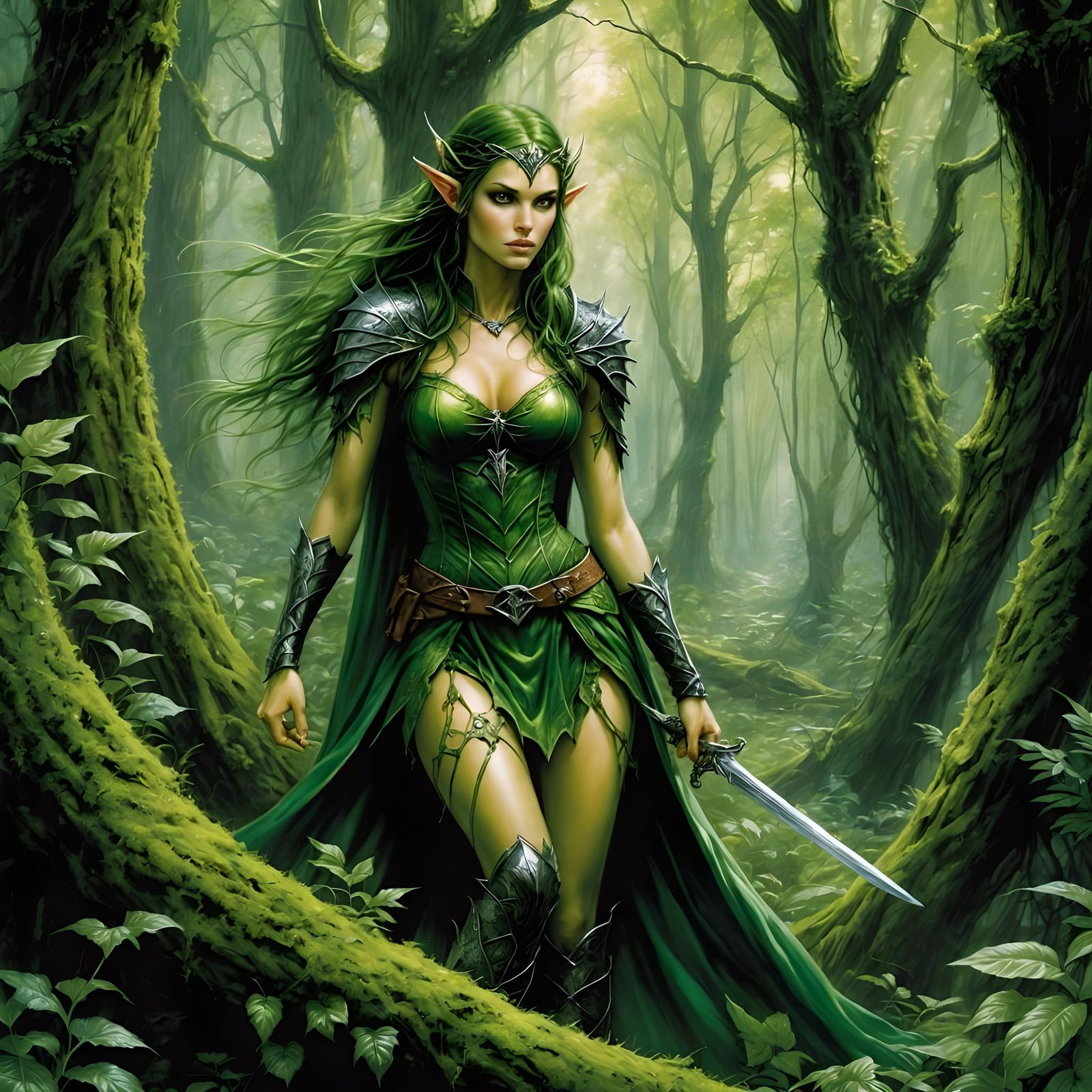 Green Elf in Lush Forest, Dark Fantasy Illustration