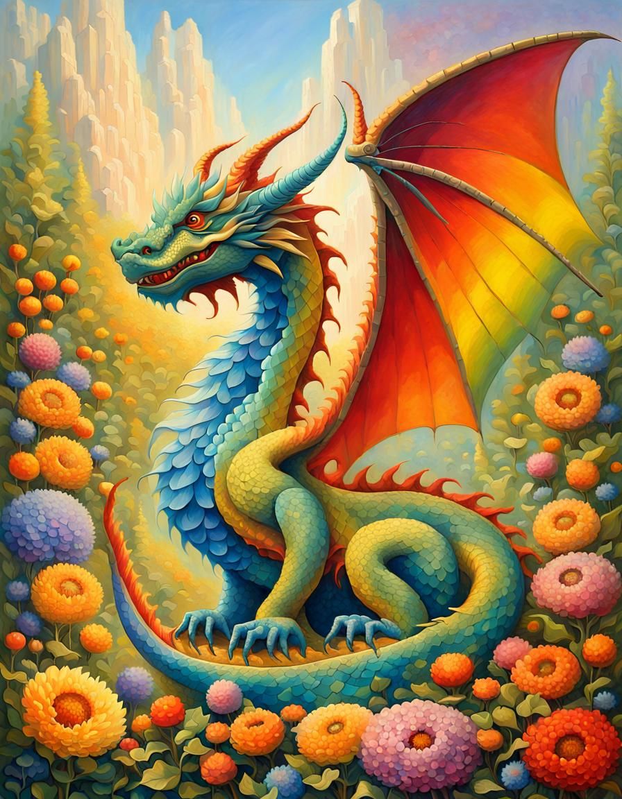 Elegant Impressionist Dragon with Vibrant Rainbow and Majest...