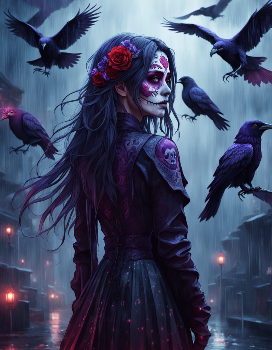 Gothic Witch Goddess in Rainy Nighttime Landscape