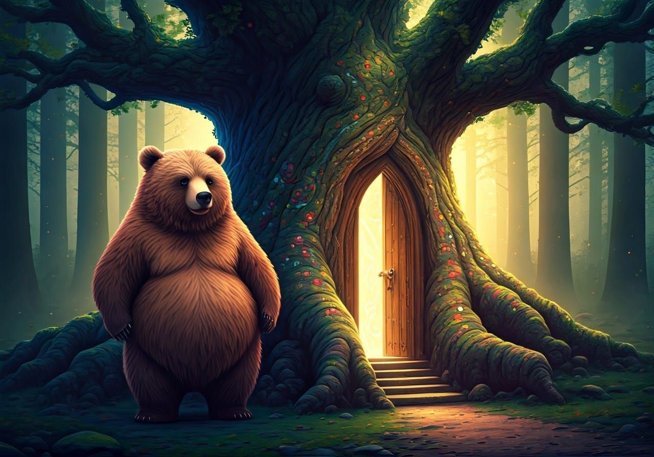 Anime Bear and Magical Tree Portal in Digital Art Style