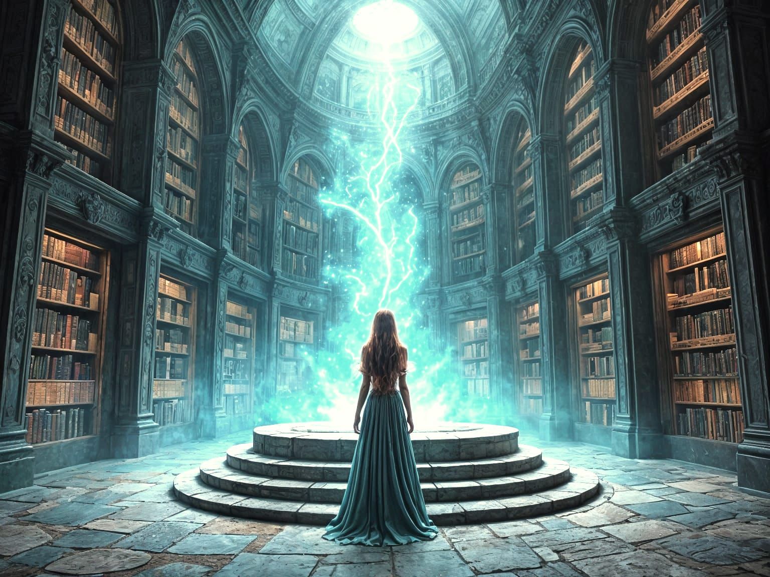 Mystical Girl Evokes Power in Stone Library