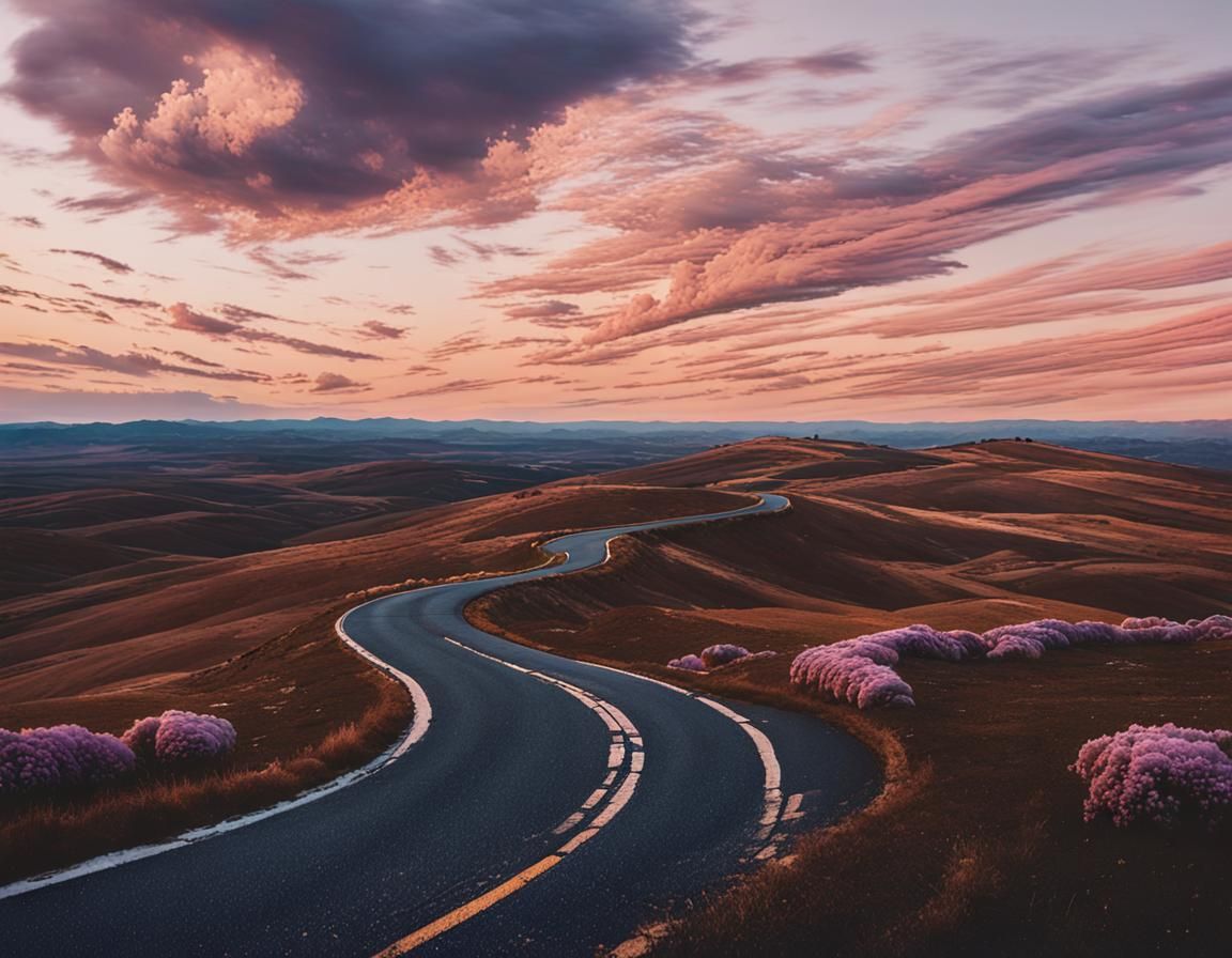 Winding Road at Golden Hour in Whimsical Romanticism Style