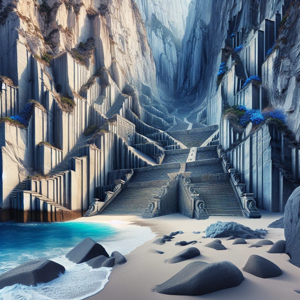 Dramatic Cliffs and Sandy Beach in a Detailed Digital Painti...