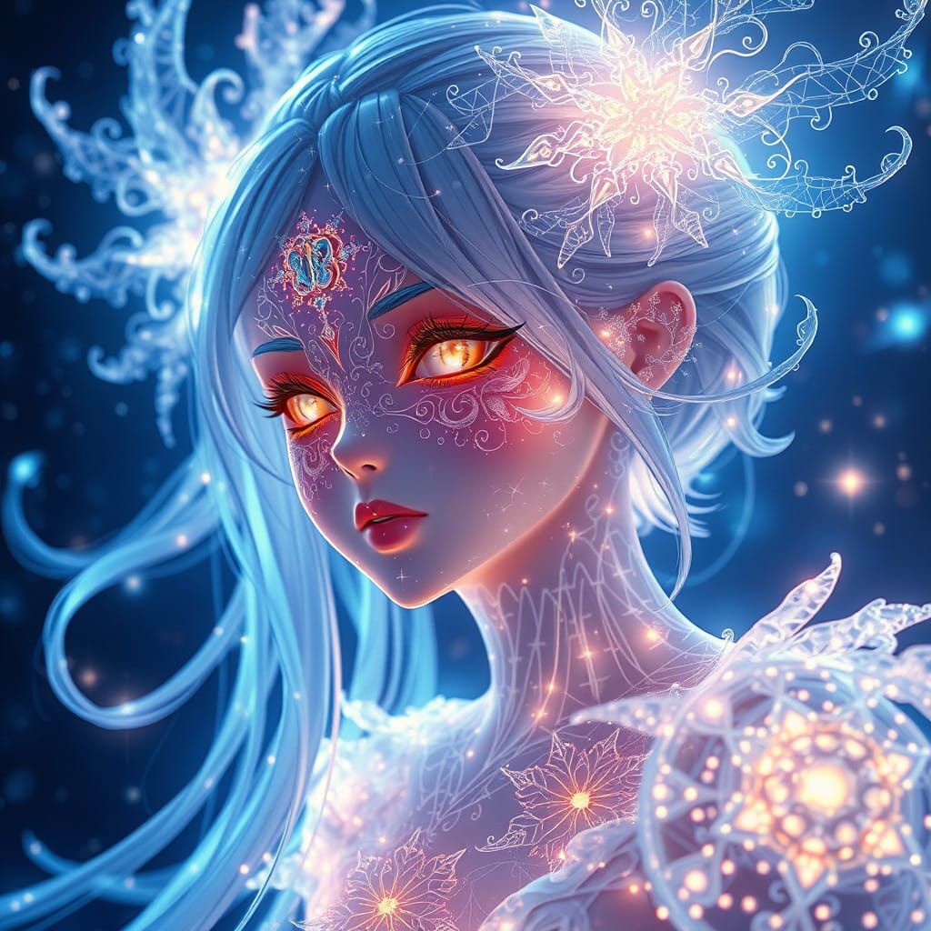 Bioluminescent Anime Goddess in Opalescent Glory