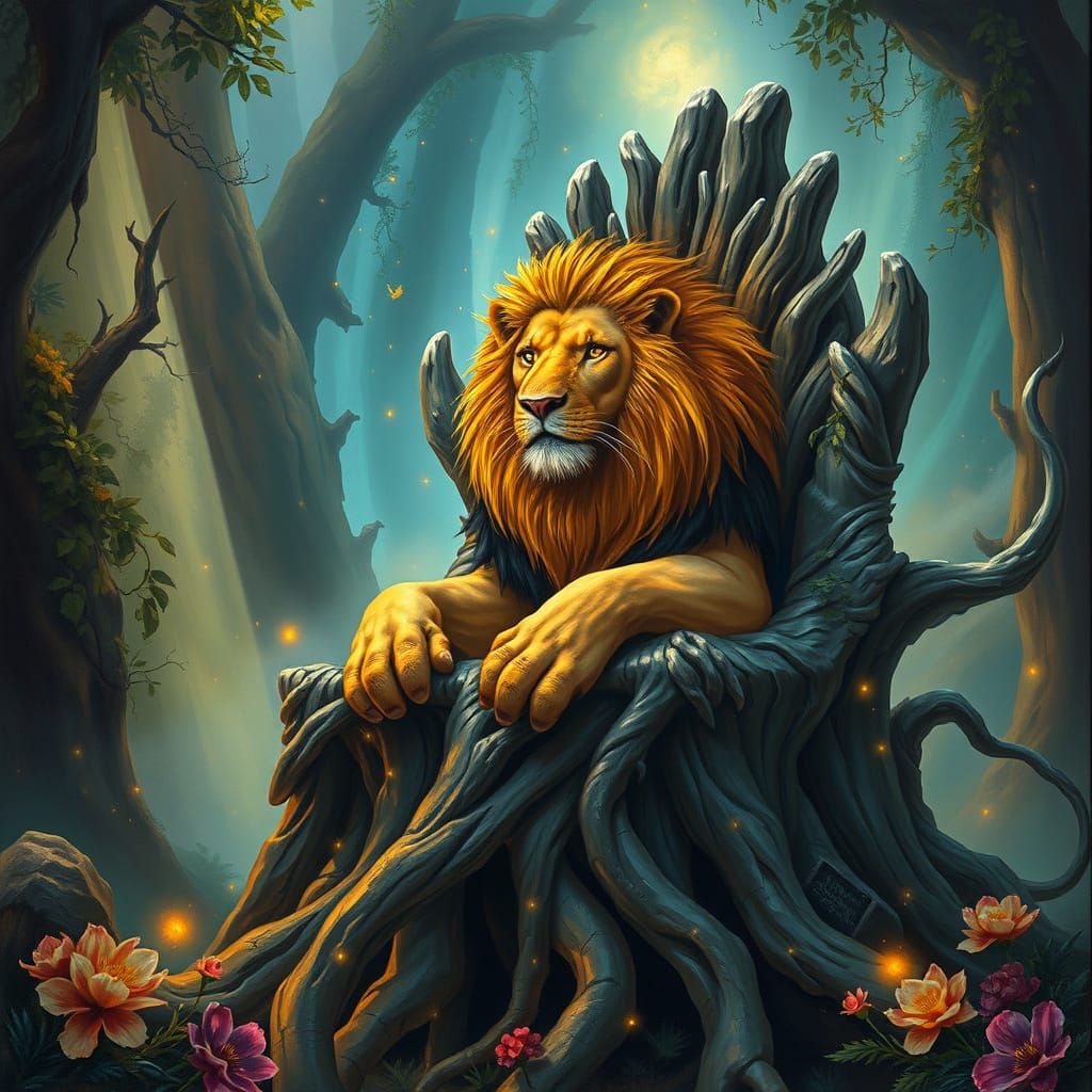 Golden Lion King in Bioluminescent Jungle Painting
