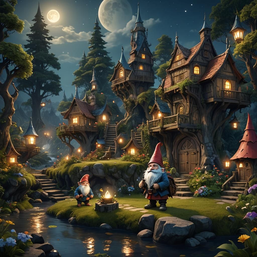 Gnome on Moonlit Summer Night in Detailed Matte Painting