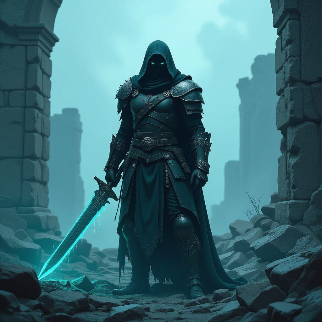 Dark Fantasy Figure in Ruins, Matte Painting Style