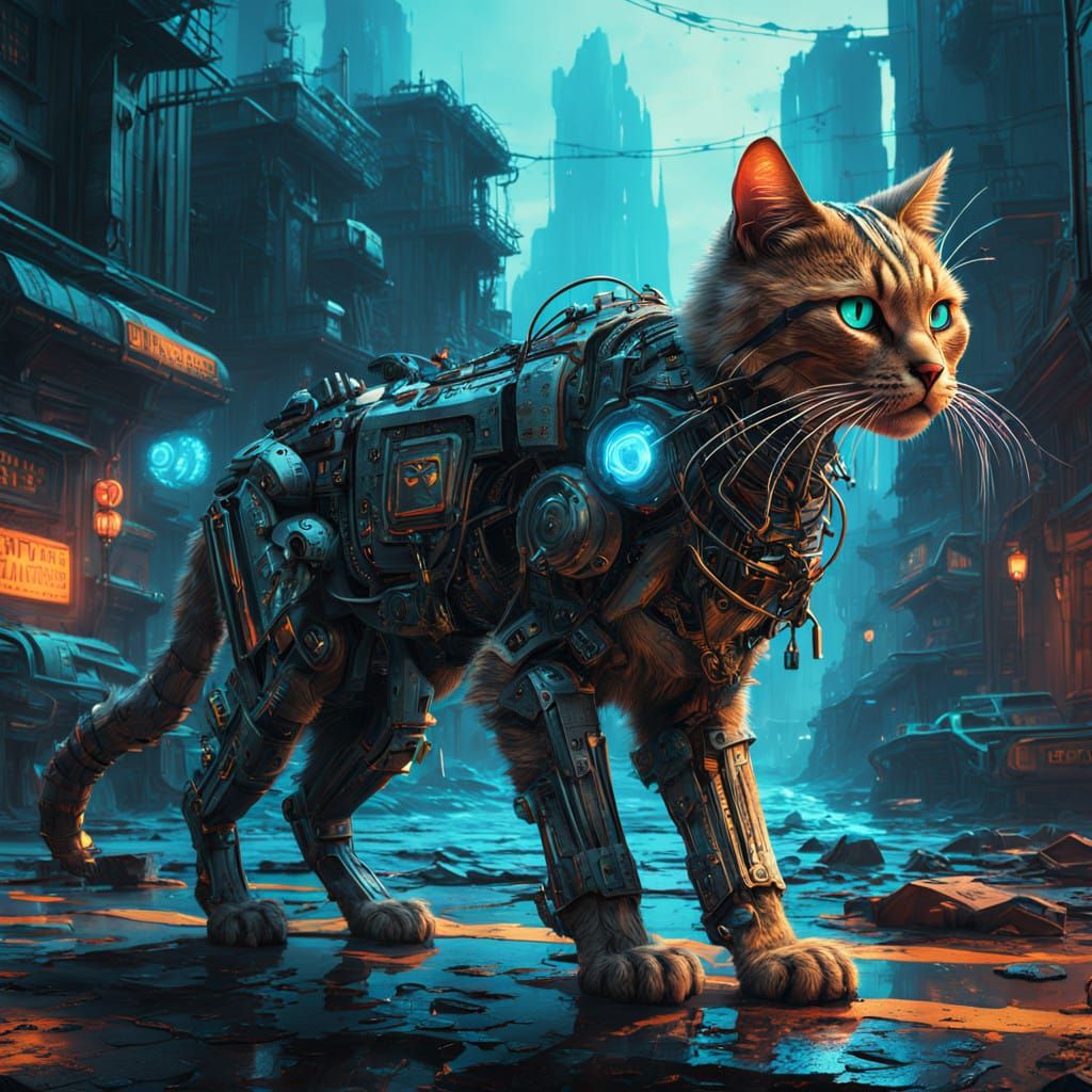 Cyberpunk Cat in Distressed Letter Background