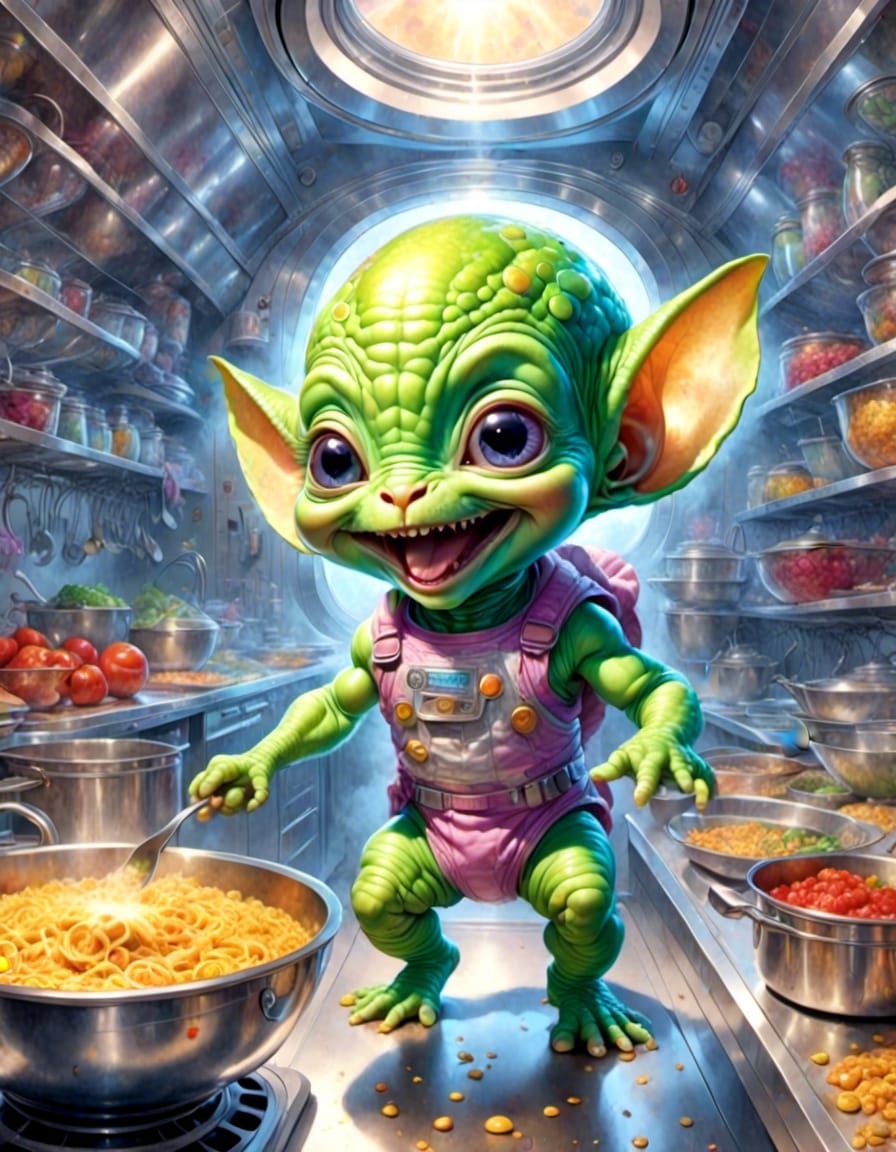Laughing Alien Baby Splashing Food in Spaceship