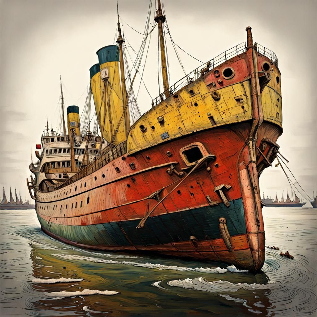 Expressionistic Ship Depicted with Comedic Elements