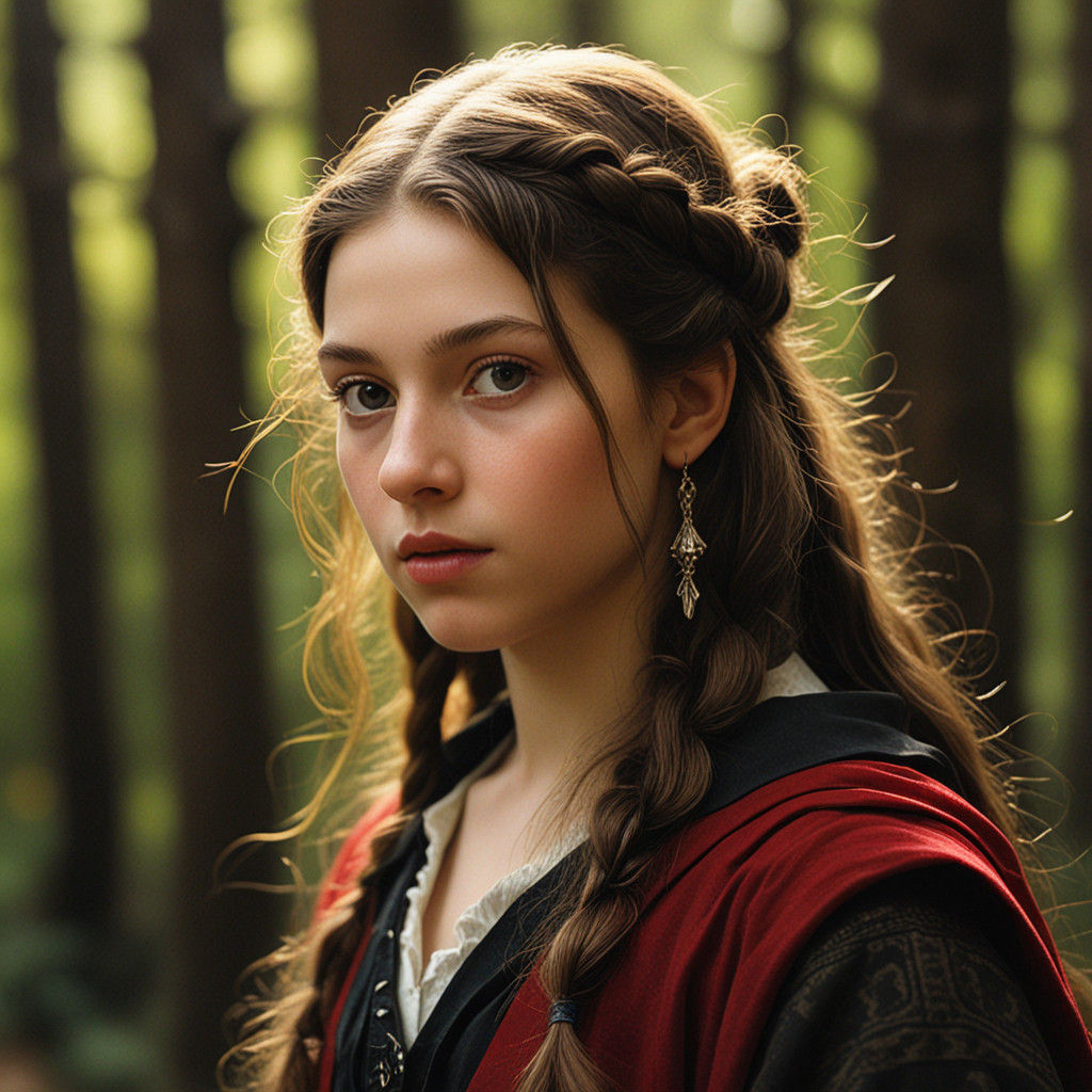 Baroque Young Girl in Red Organza, Spring Morning in a Fores...