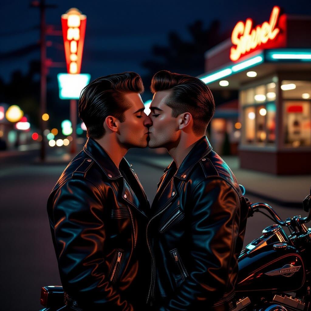 1950s Greasers Share Tender Kiss Near Motorcycle