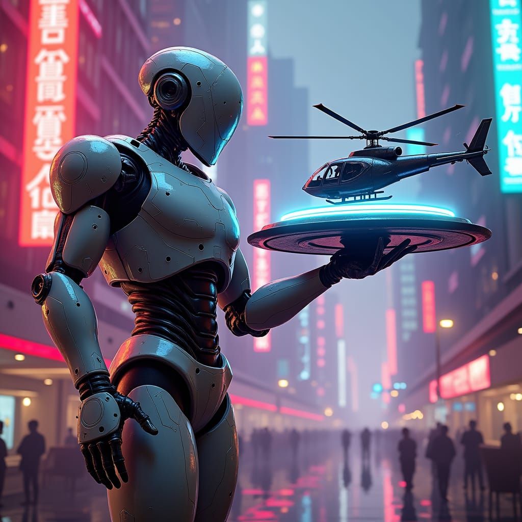 Cyberpunk Robot Heliport in Neon City