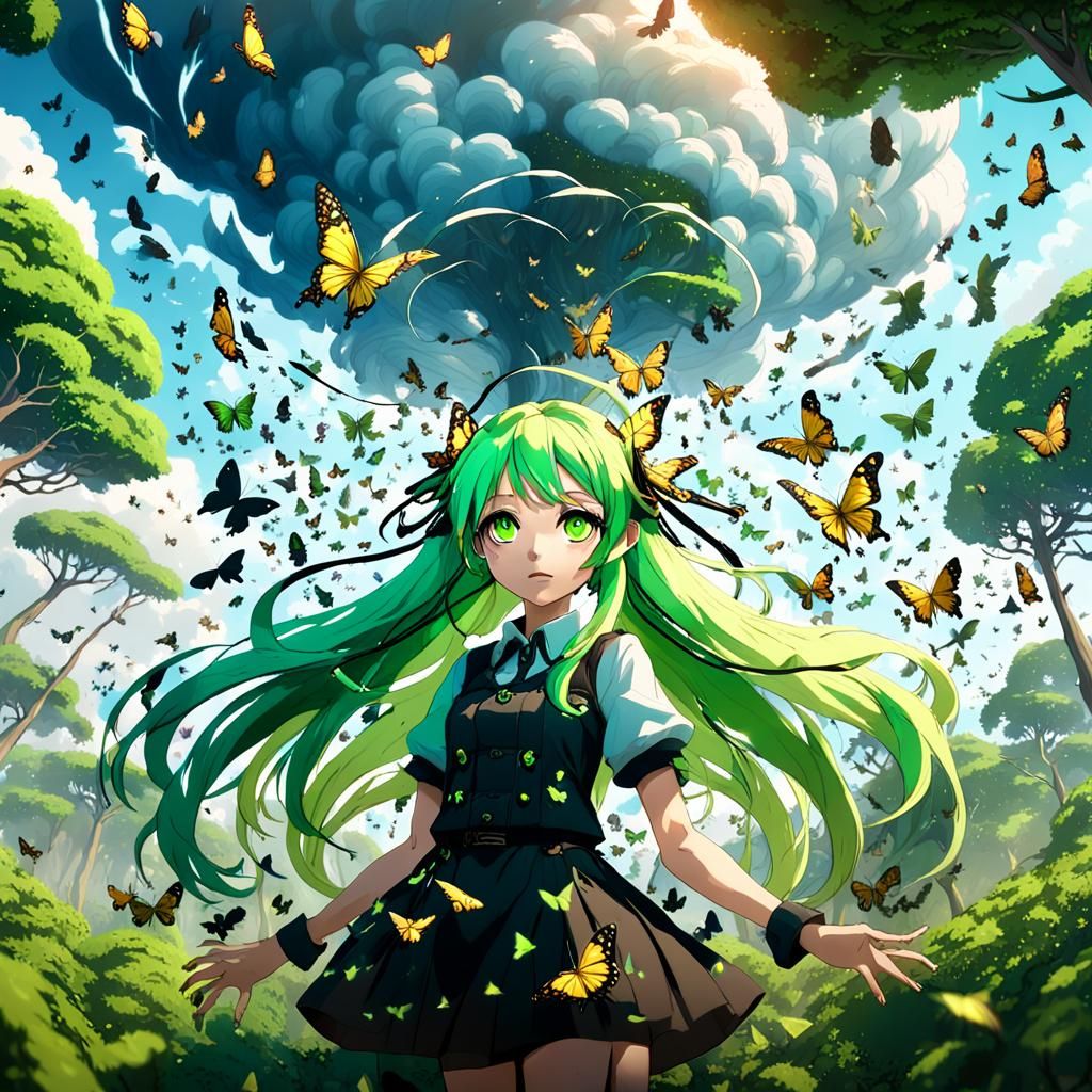 Anime Girl in Butterfly Tornado: Detailed Matte Painting