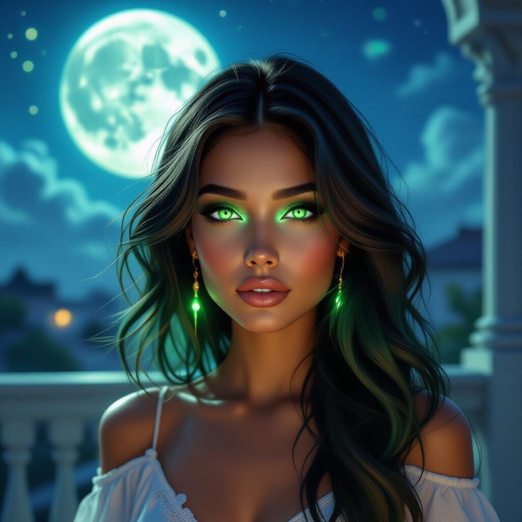 A mysterious woman with soft brown skin, long flowing green ...