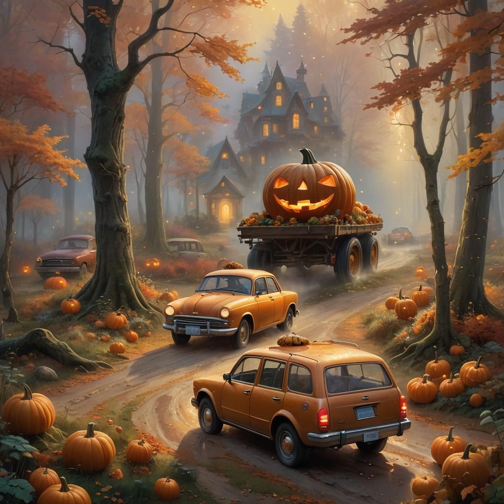 Fantasy Car Transports Pumpkin Through Misty Forest