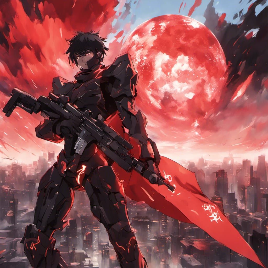 Boy, black red armor, carries red Sun tattered flag, cyberpunk combat, hail of bullets, red sky, heroic charge, against ...