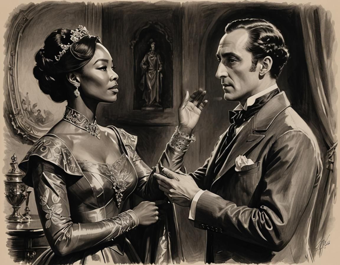 Elegant Woman in Embroidered Gown: Charcoal Sketch