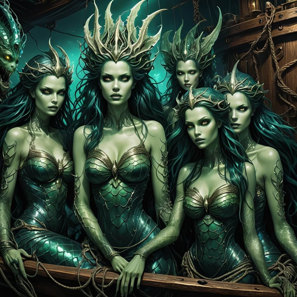 Monstrous Mermaids Entangled in a Haunting Fishing Net Scene