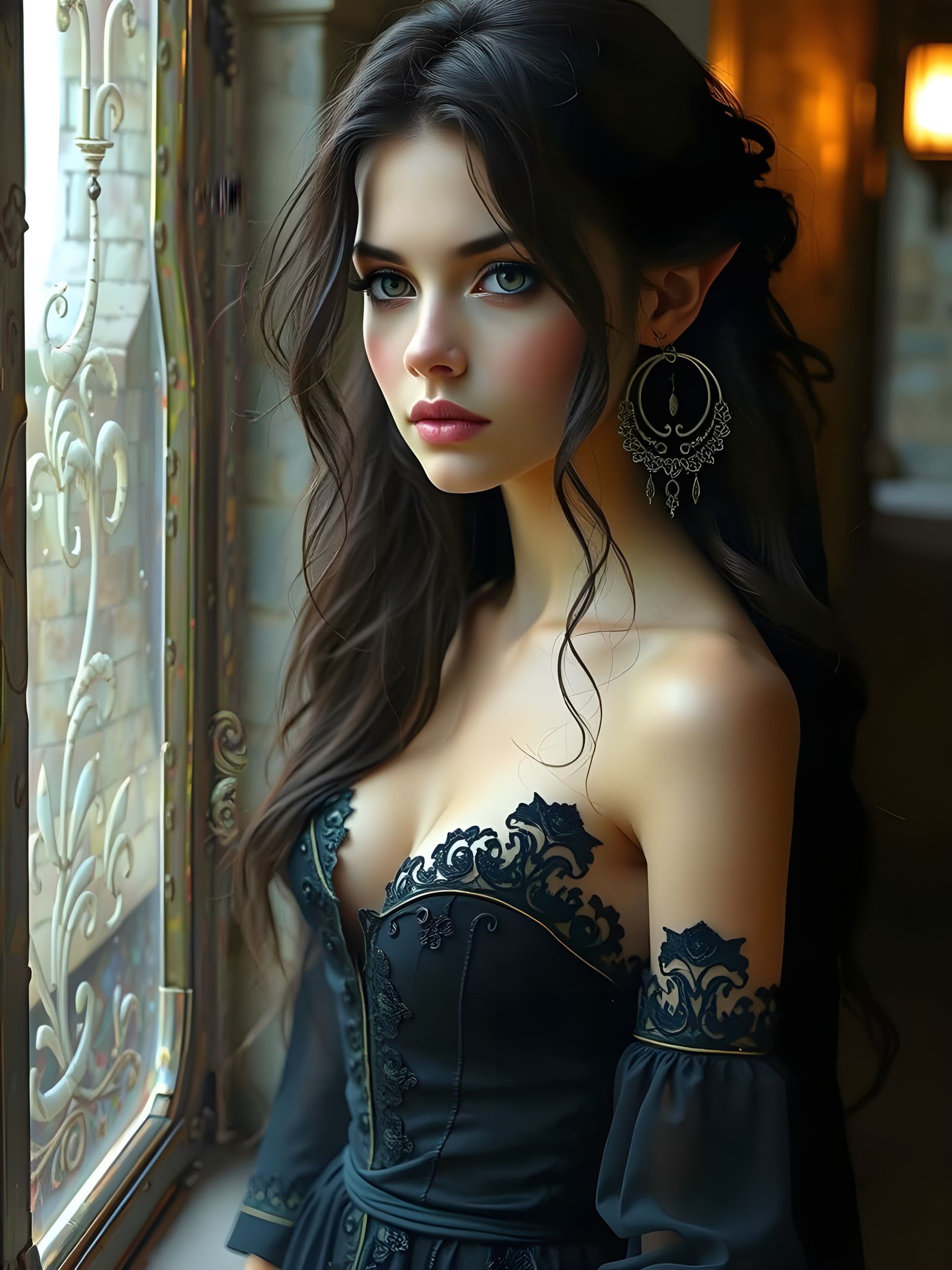 Drow Elf in Gothic Fortress: Photorealistic Dark Fantasy