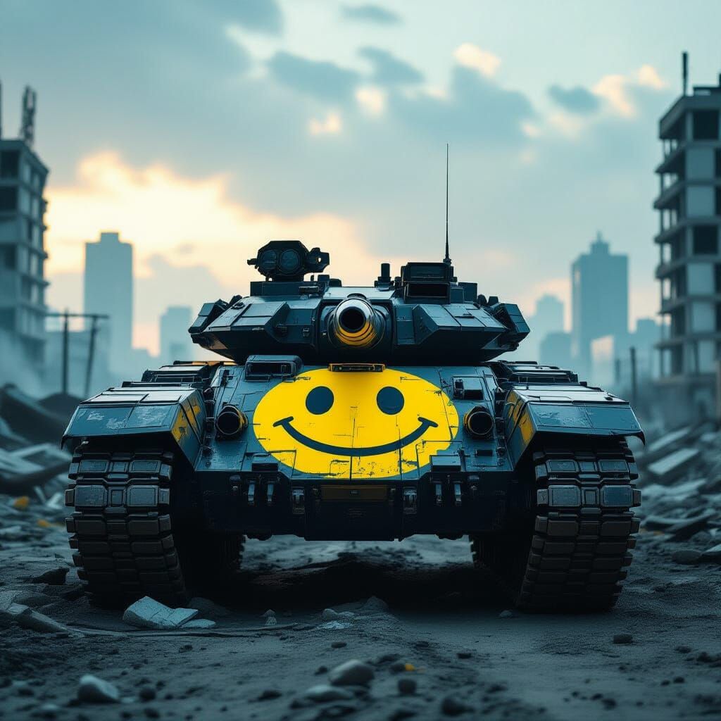 Armored Tank with Smiley Face in Abandoned City