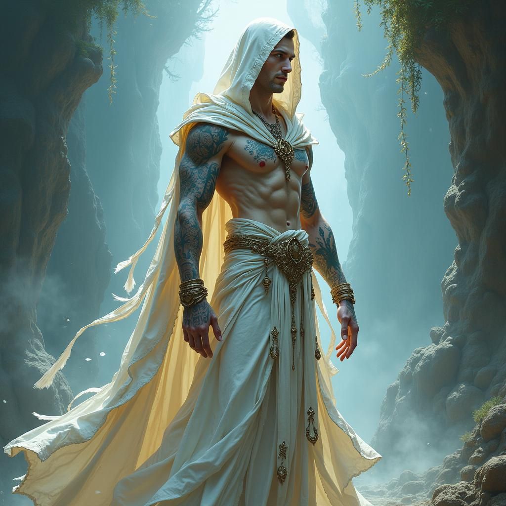 Mystical Half-Elf Wizard in Ethereal Mists