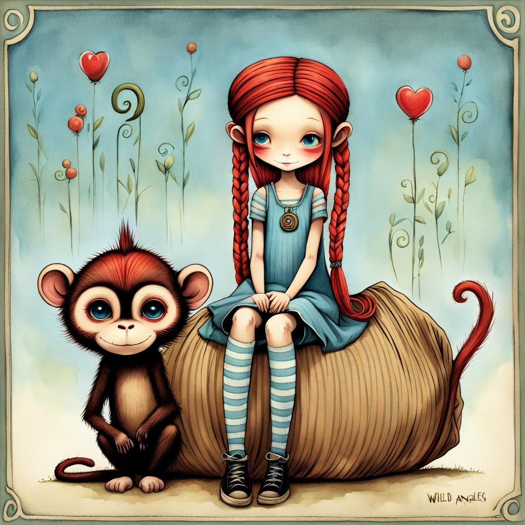 Happy Girl with Monkey in Creepy Cute Style