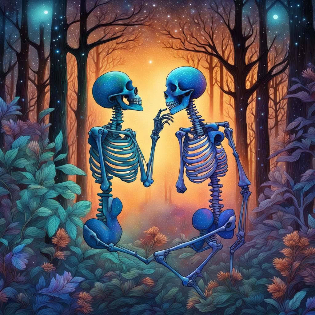 Skeleton Couple Kissing Under Astral Sky