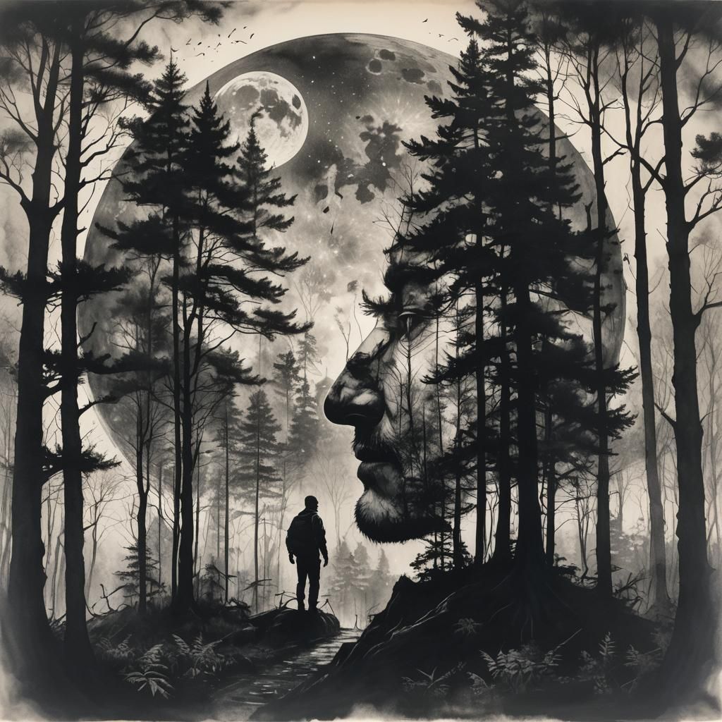 Man Silhouette with Forest and Moon Overlay