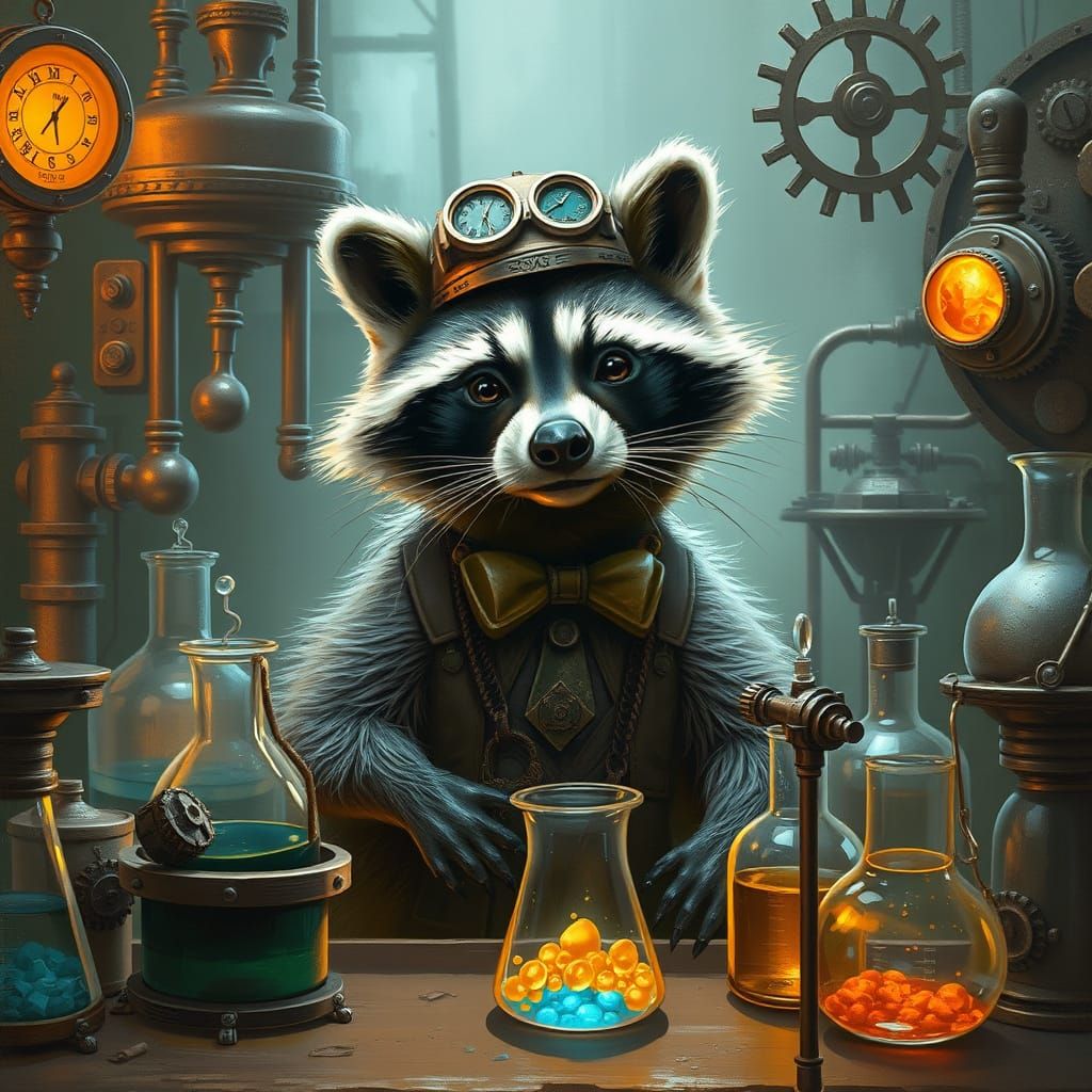 Steampunk Raccoon in Victorian Laboratory: Digital Oil Paint...
