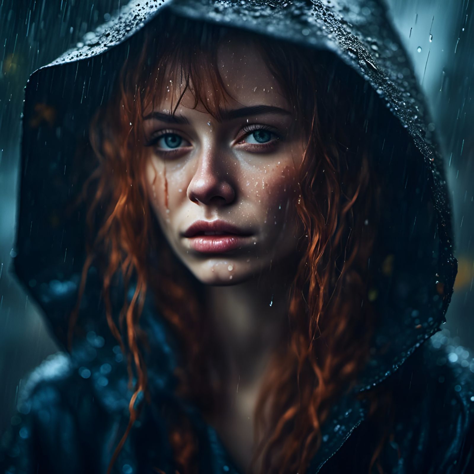 Sad Hyperreal Portrait on a Rainy Day