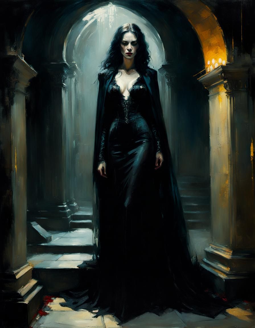 Gothic Vampiress Awakens: Oil Painting Portrait