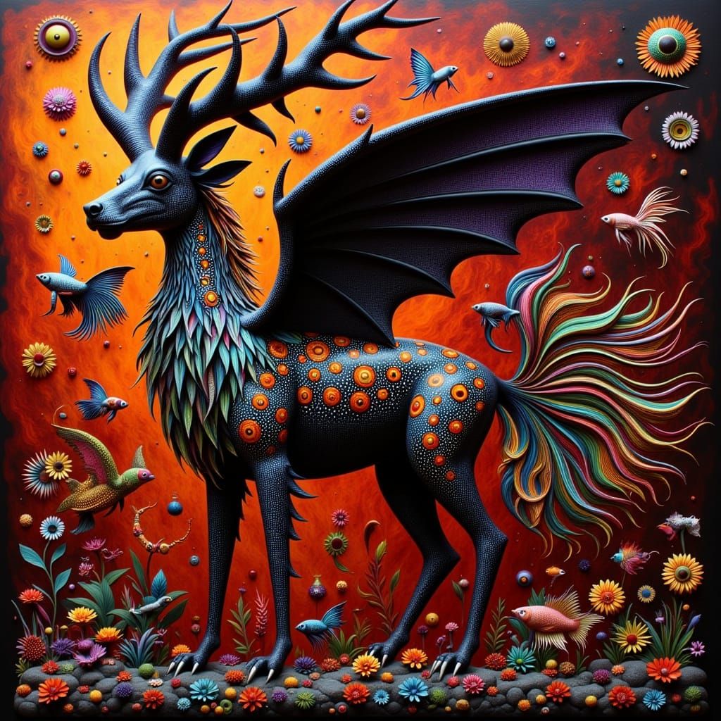 Pronghorn-Bat-Betta-Lava Hybrid Creature in Dreamlike Surrea...