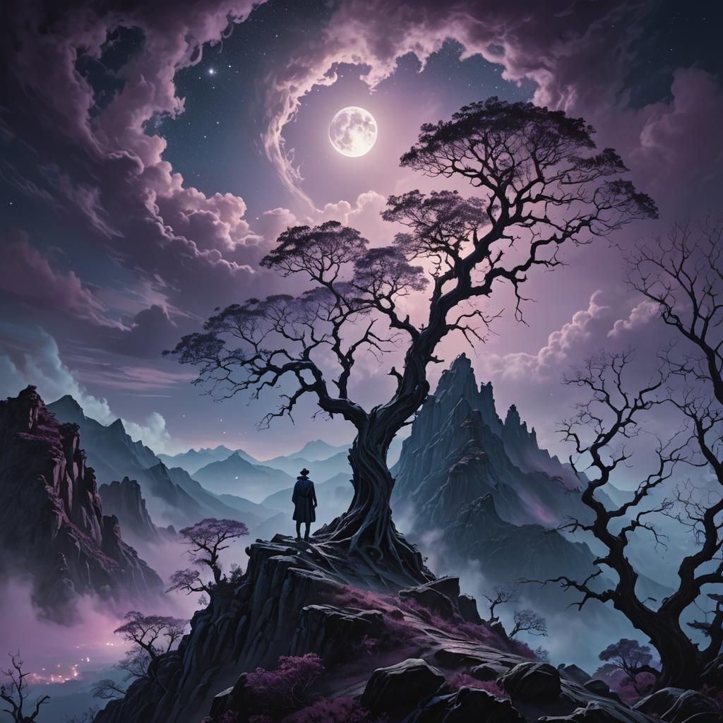 Mystical Mountain Figure in Moonlight, Fantasy Concept Art