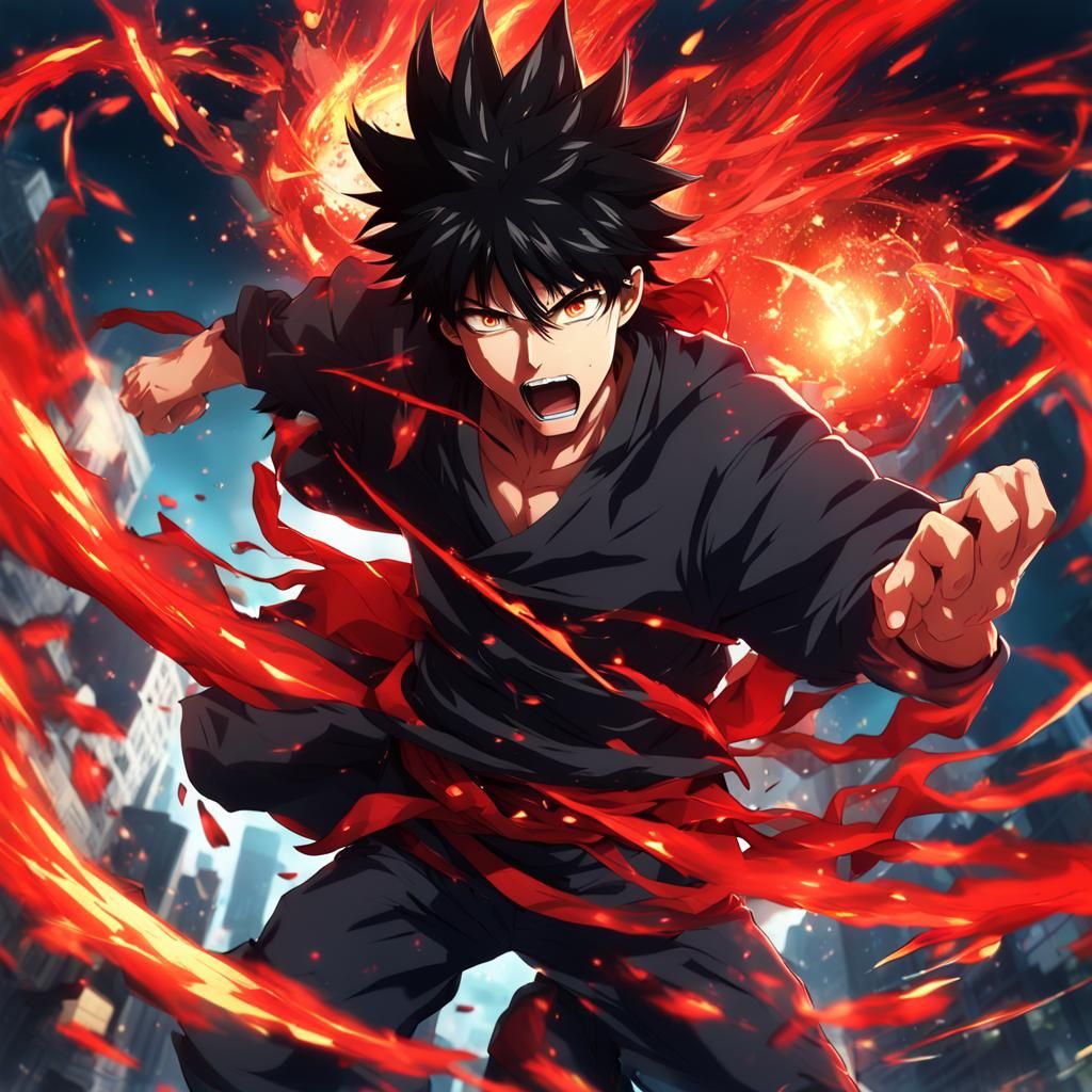 Anime Man Flying with Red Energy