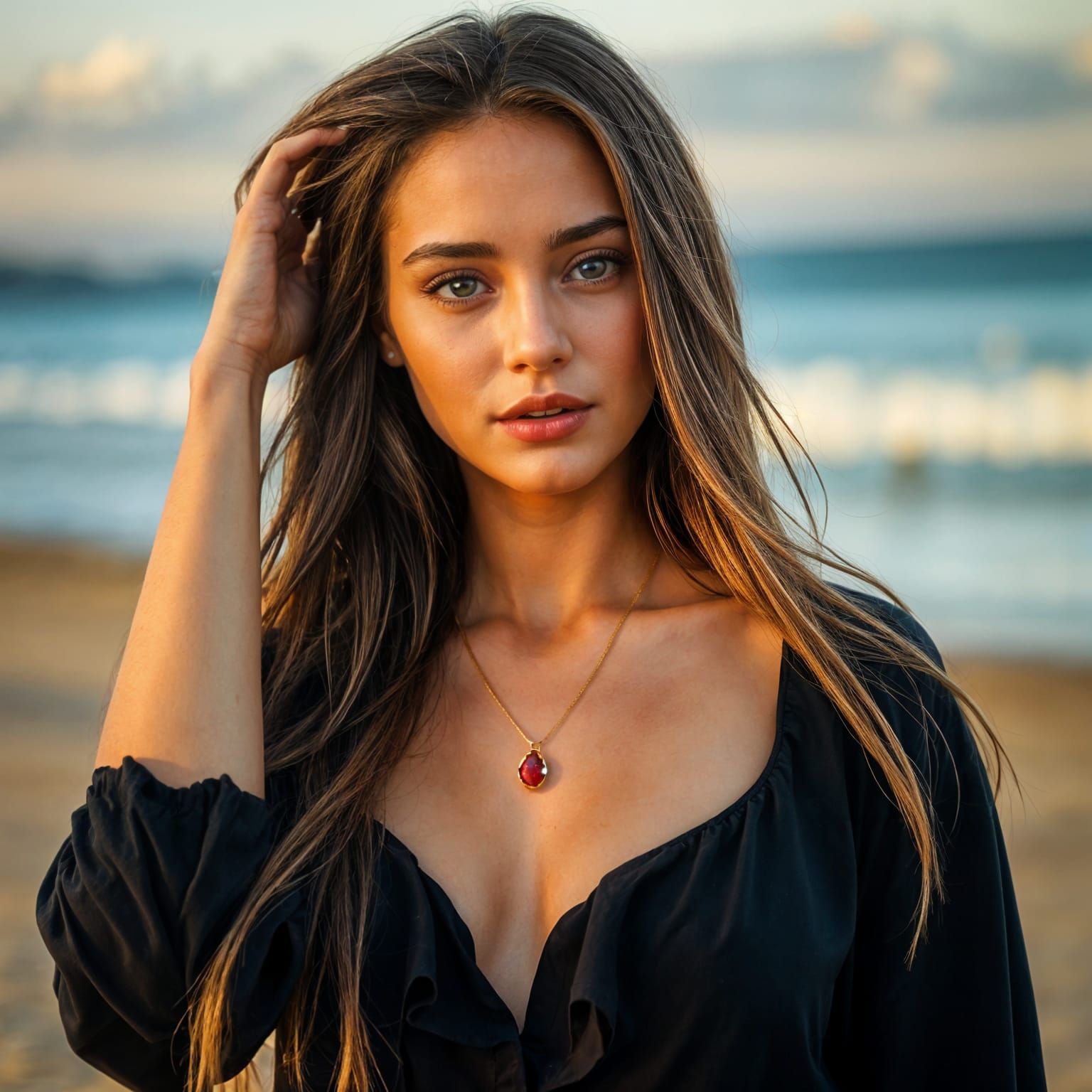 Stunning Woman Portrait on Beach at Golden Hour