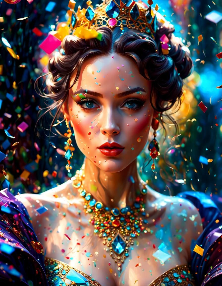Princess Portrait with Confetti in Hyperrealism Style