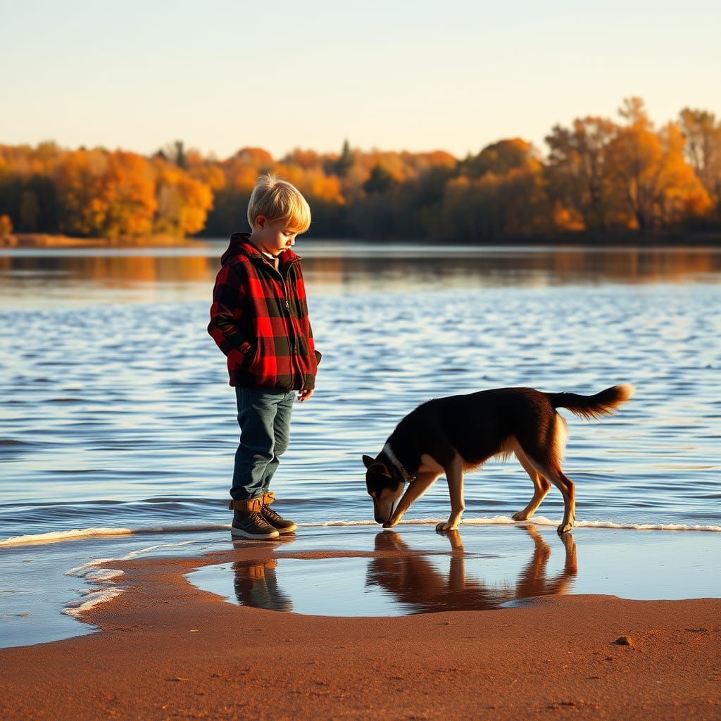 Boy and Dog at Autumn Lake Shore