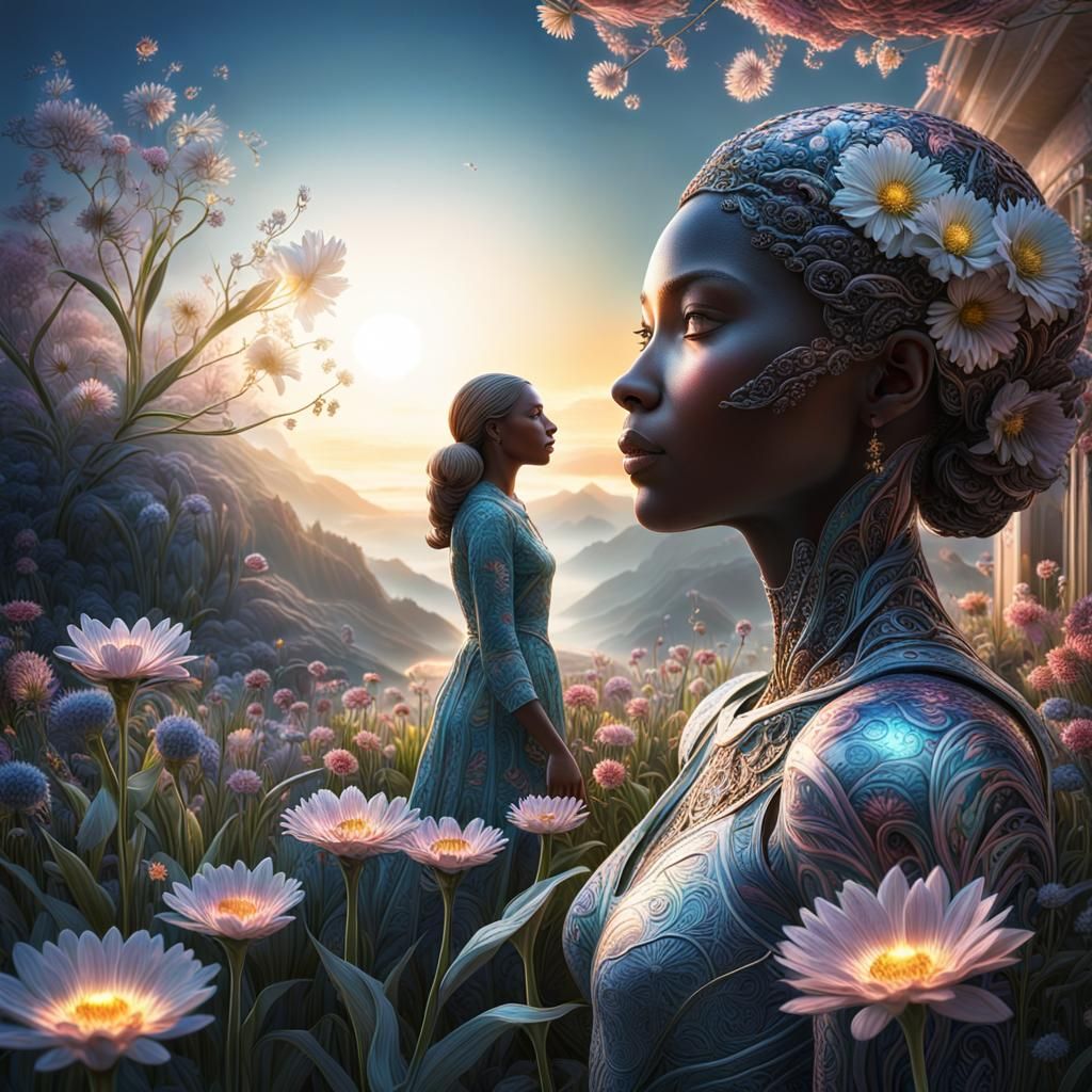 Moonlit Flower with Woman in Sunrise, 3D Render