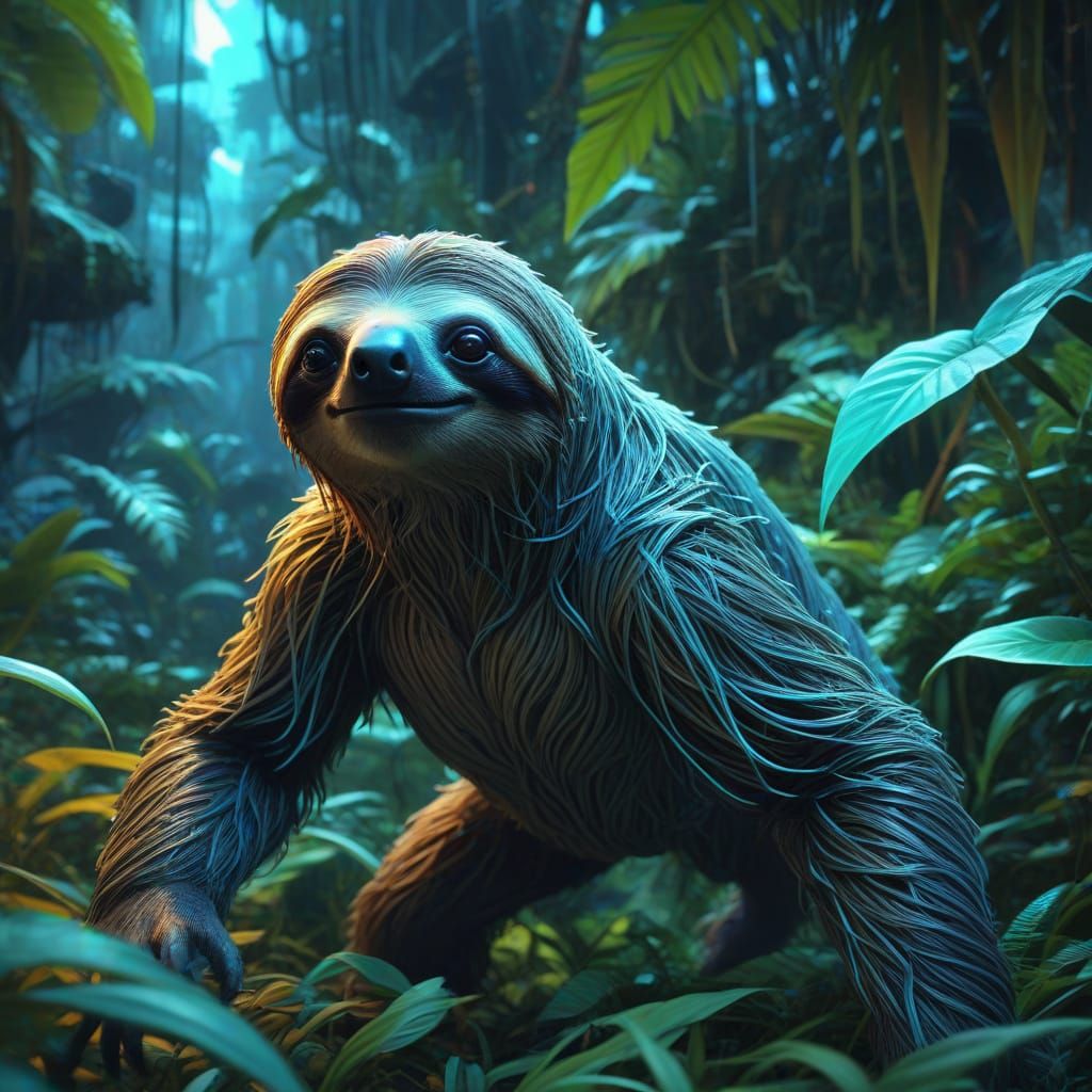 Futuristic Sloth in High-Tech Jungle, Digital Painting