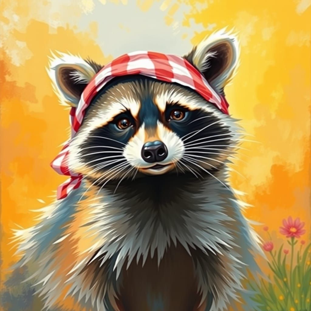 Raccoon in Whimsical Gingham Head Rag